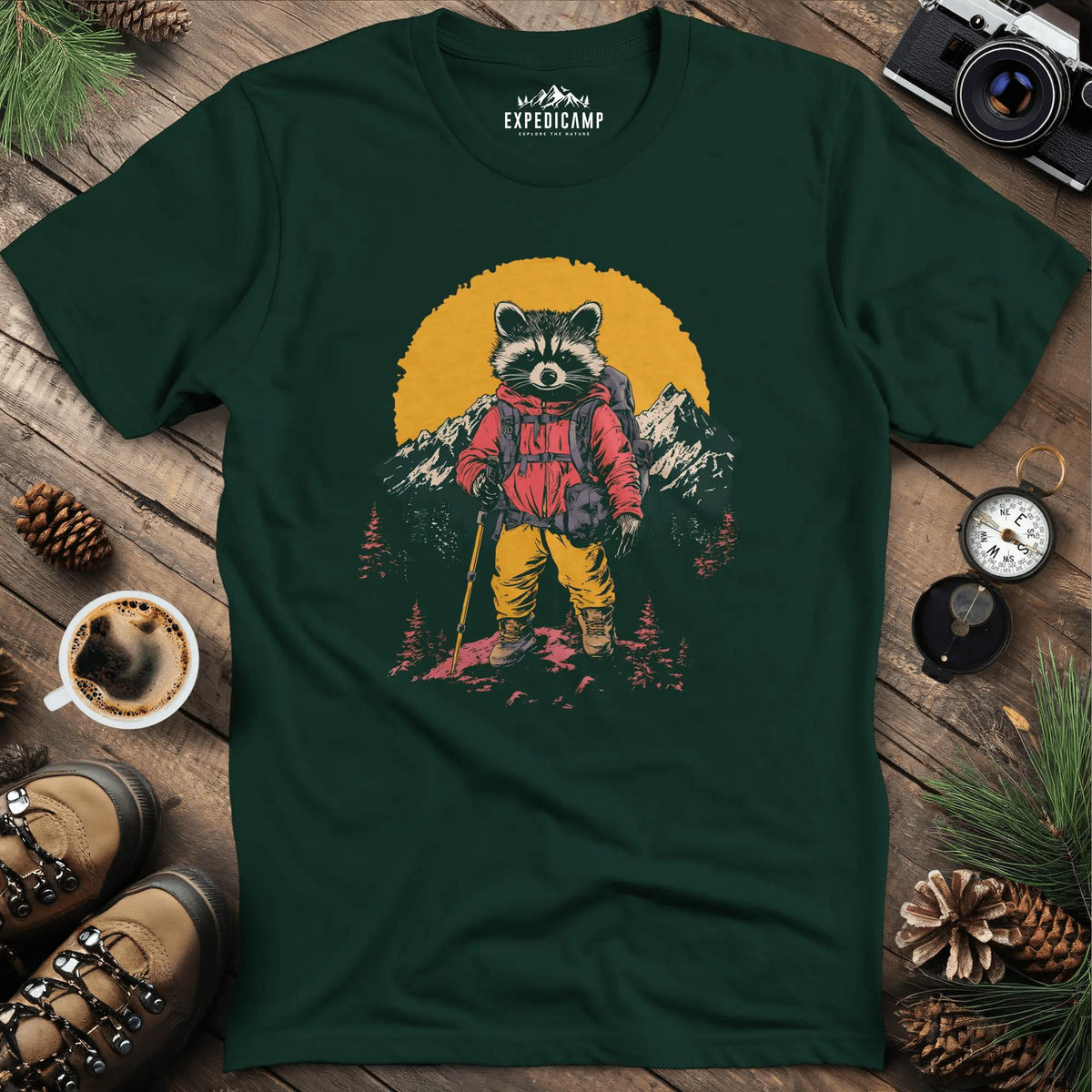 Raccoon Hiker T-Shirt – Mischievous Trailblazer – Forest Green – Outdoor apparel for travel, hiking, camping, and nature lovers – ExpediCamp