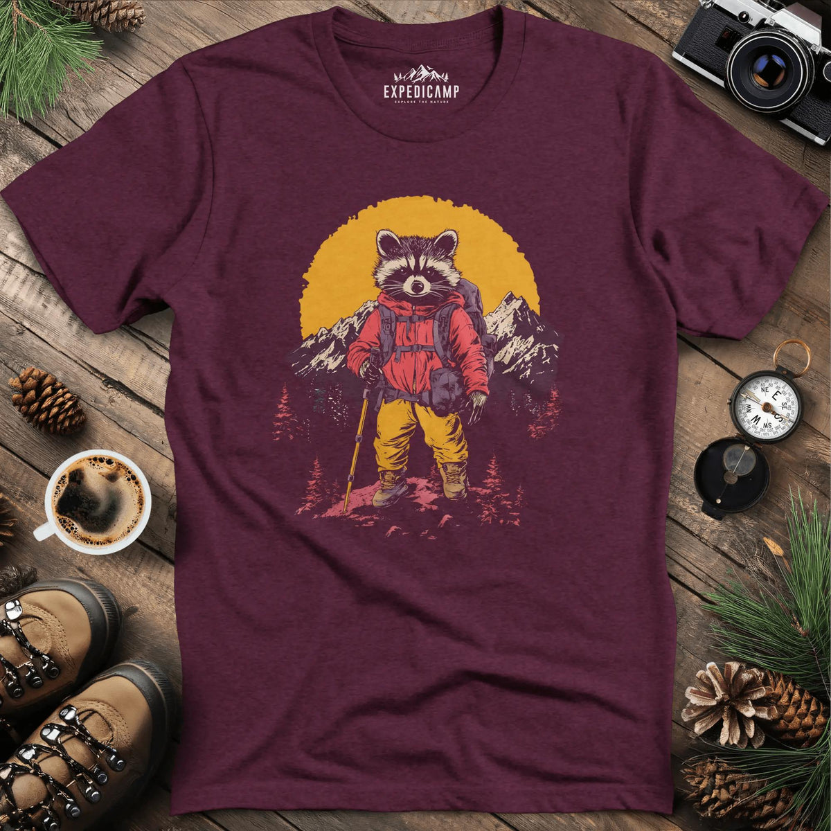 Raccoon Hiker T-Shirt – Mischievous Trailblazer – Heather Maroon – Outdoor apparel for travel, hiking, camping, and nature lovers – ExpediCamp