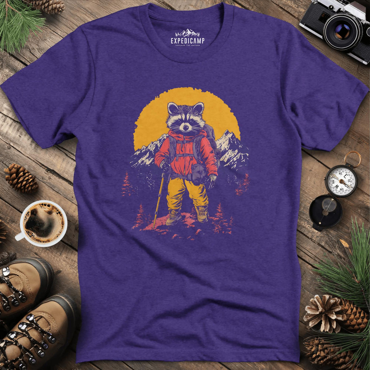 Raccoon Hiker T-Shirt – Mischievous Trailblazer – Heather Purple – Outdoor apparel for travel, hiking, camping, and nature lovers – ExpediCamp