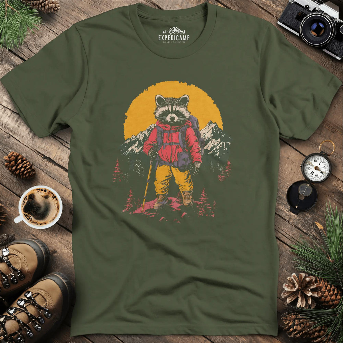 Raccoon Hiker T-Shirt – Mischievous Trailblazer – Military Green – Outdoor apparel for travel, hiking, camping, and nature lovers – ExpediCamp