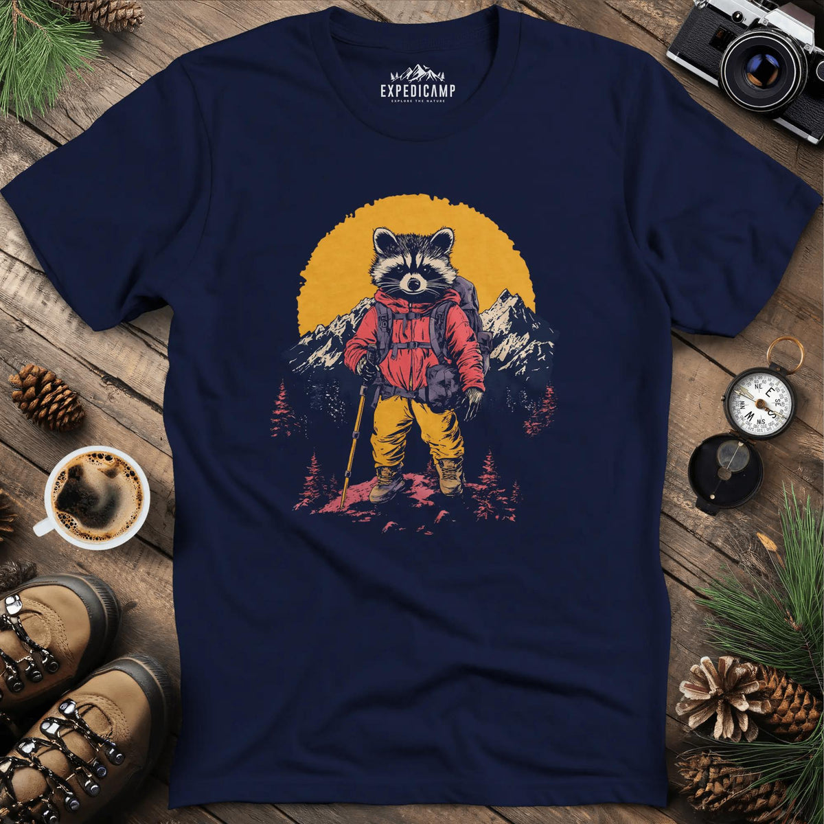 Raccoon Hiker T-Shirt – Mischievous Trailblazer – Navy – Outdoor apparel for travel, hiking, camping, and nature lovers – ExpediCamp
