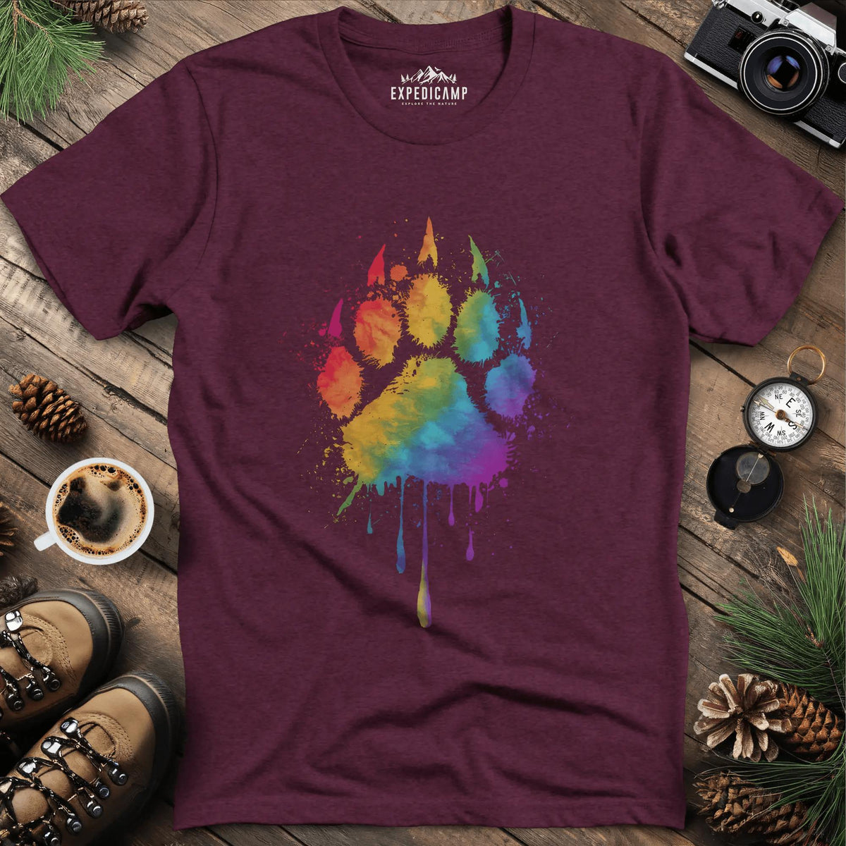 Rainbow Bear Paw T-Shirt – Heather Maroon – Outdoor apparel for travel, hiking, camping, and nature lovers – ExpediCamp
