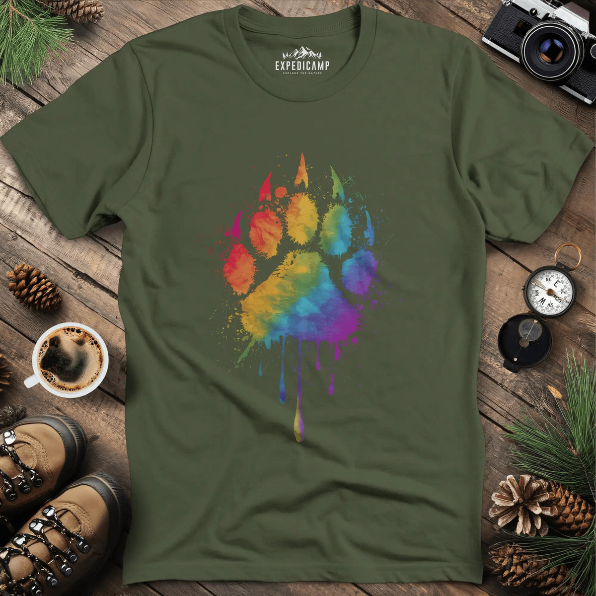 Rainbow Bear Paw T-Shirt – Military Green – Outdoor apparel for travel, hiking, camping, and nature lovers – ExpediCamp