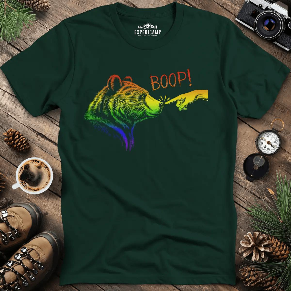 Rainbow Boop Bear T-Shirt – Forest Green – Outdoor apparel for travel, hiking, camping, and nature lovers – ExpediCamp