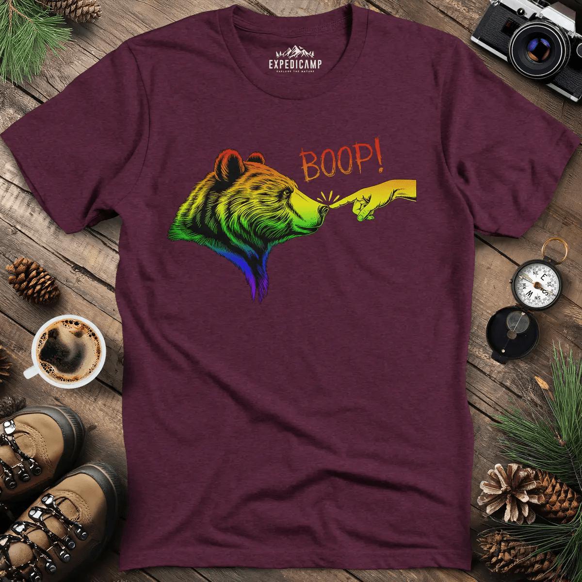 Rainbow Boop Bear T-Shirt – Heather Maroon – Outdoor apparel for travel, hiking, camping, and nature lovers – ExpediCamp