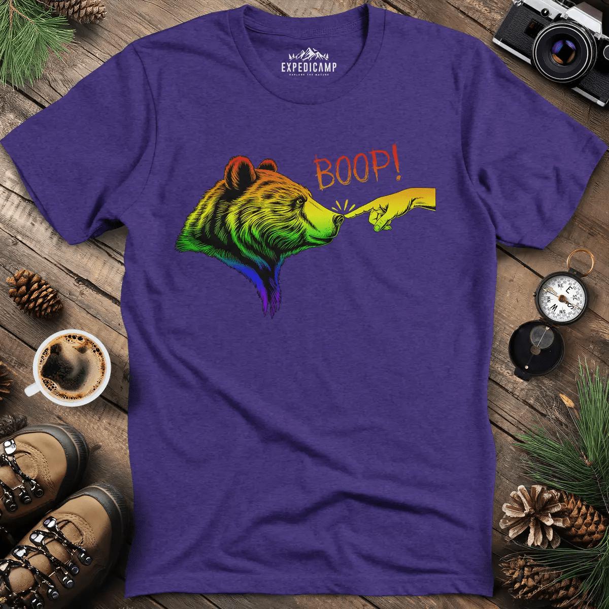 Rainbow Boop Bear T-Shirt – Heather Purple – Outdoor apparel for travel, hiking, camping, and nature lovers – ExpediCamp