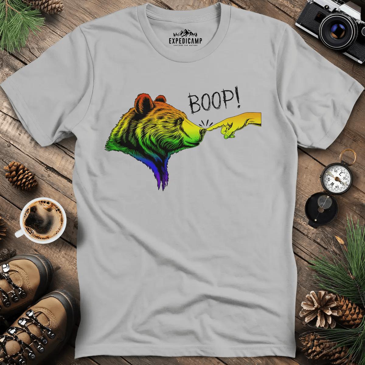 Rainbow Boop Bear T-Shirt – Ice Grey – Outdoor apparel for travel, hiking, camping, and nature lovers – ExpediCamp