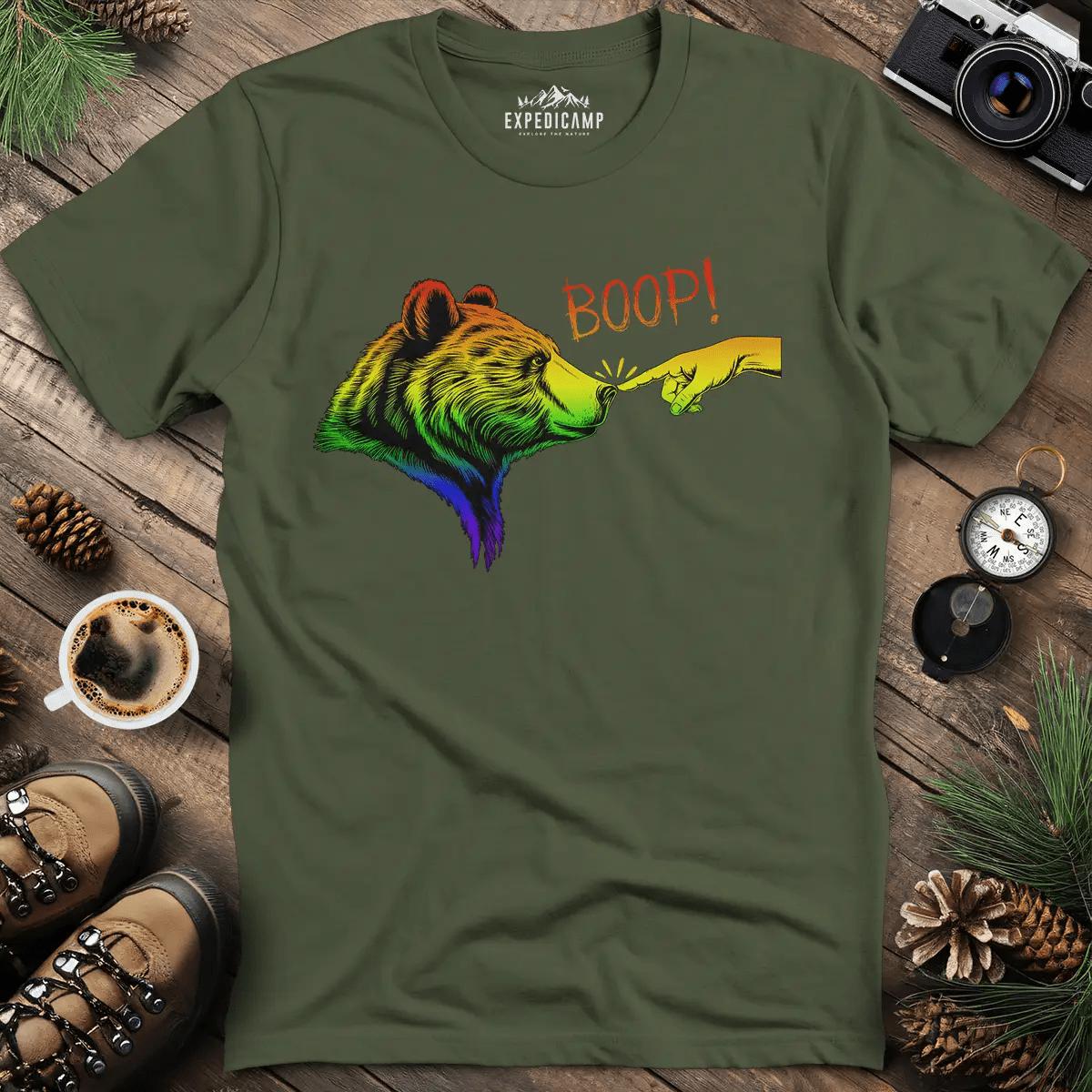Rainbow Boop Bear T-Shirt – Military Green – Outdoor apparel for travel, hiking, camping, and nature lovers – ExpediCamp