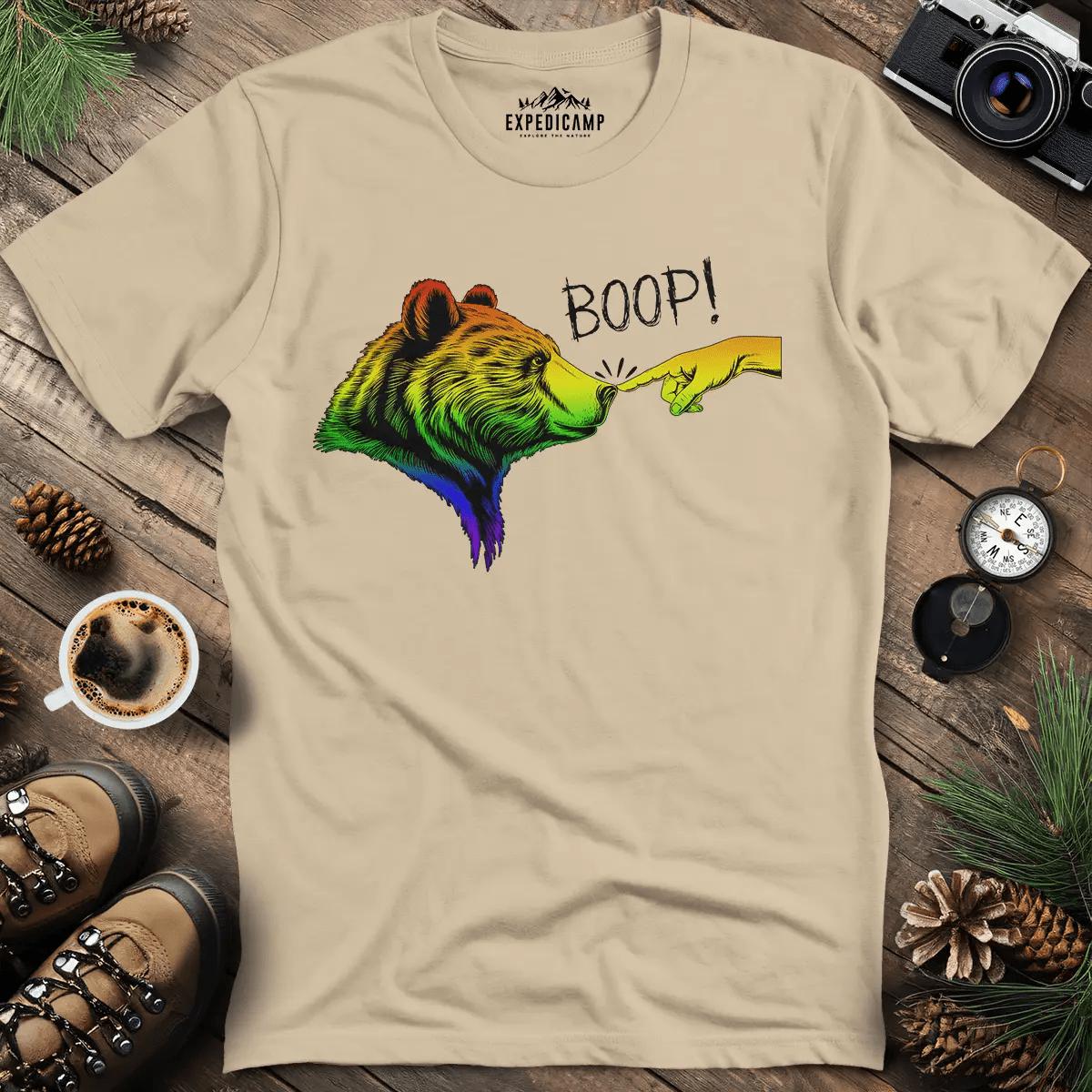 Rainbow Boop Bear T-Shirt – Sand – Outdoor apparel for travel, hiking, camping, and nature lovers – ExpediCamp