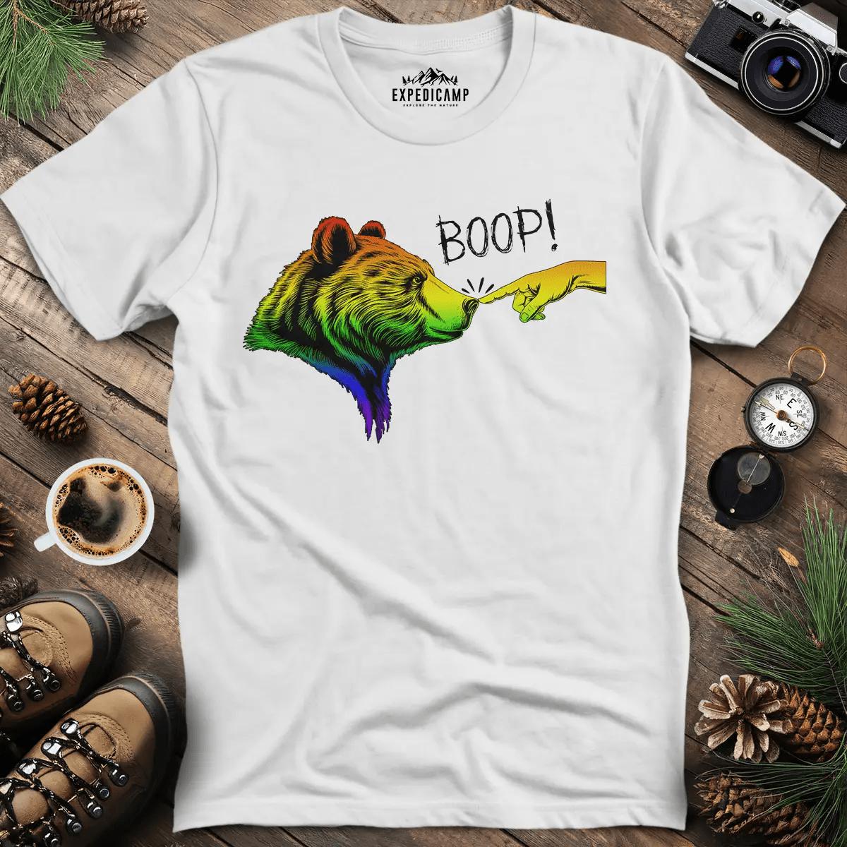 Rainbow Boop Bear T-Shirt – White – Outdoor apparel for travel, hiking, camping, and nature lovers – ExpediCamp