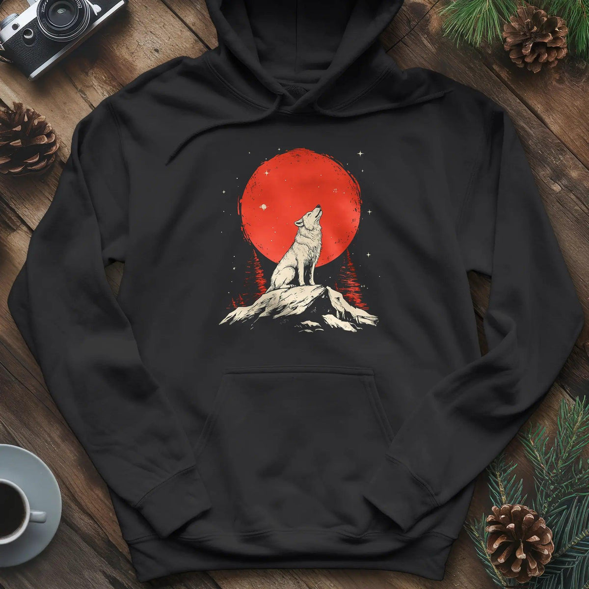Red Moon Wolf Hoodie – Black – Outdoor apparel for travel, hiking, camping, and nature lovers – ExpediCamp