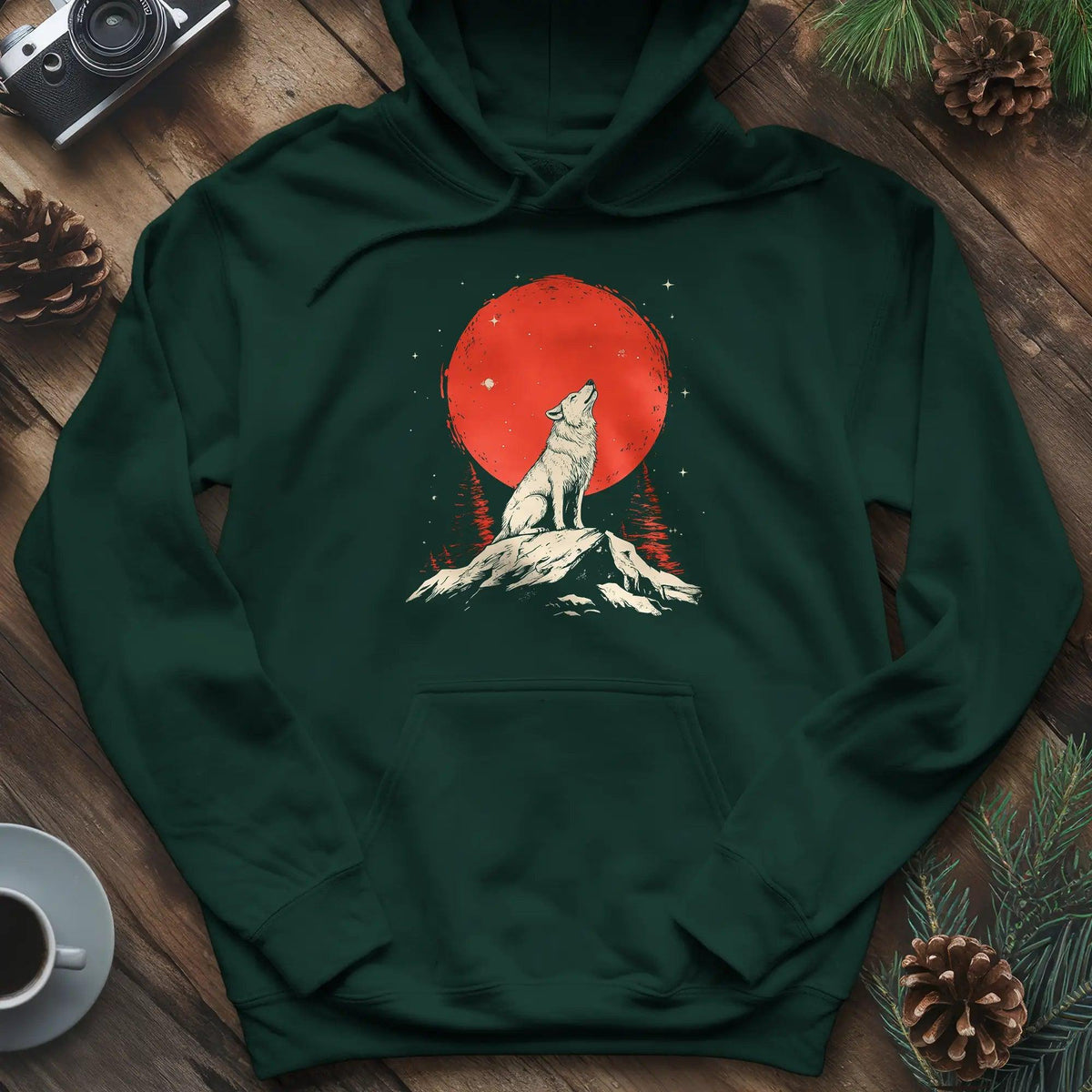 Red Moon Wolf Hoodie – Forest Green – Outdoor apparel for travel, hiking, camping, and nature lovers – ExpediCamp
