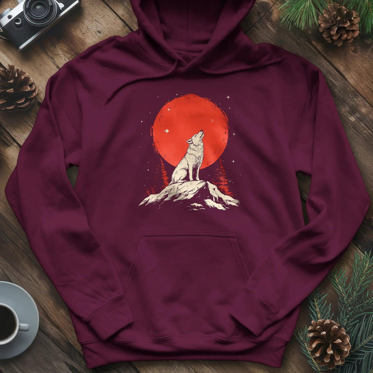 Red Moon Wolf Hoodie – Maroon – Outdoor apparel for travel, hiking, camping, and nature lovers – ExpediCamp