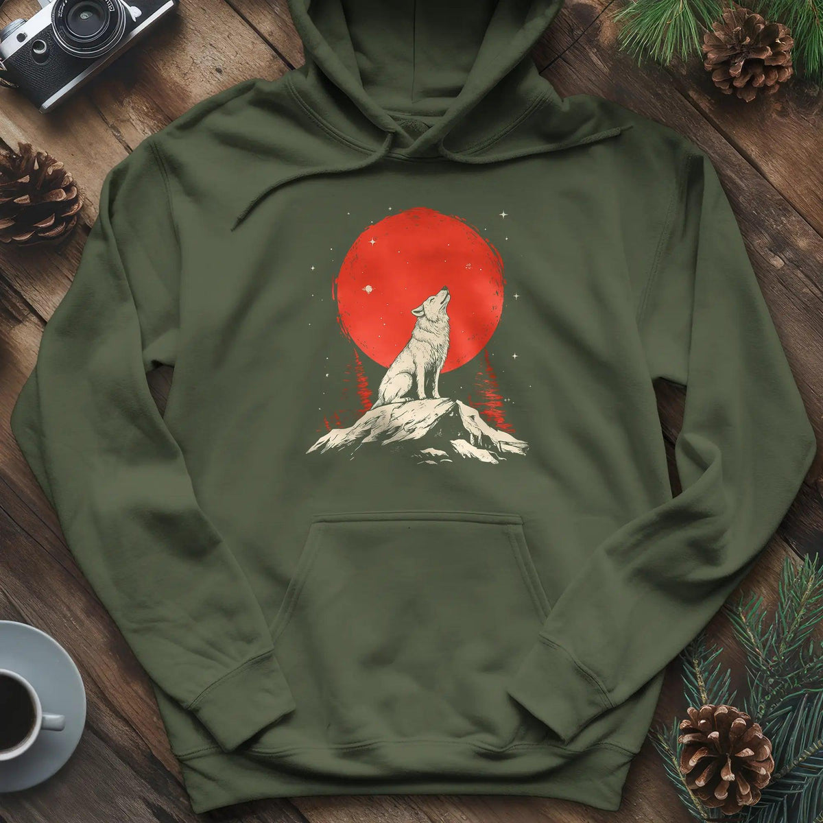 Red Moon Wolf Hoodie – Military Green – Outdoor apparel for travel, hiking, camping, and nature lovers – ExpediCamp