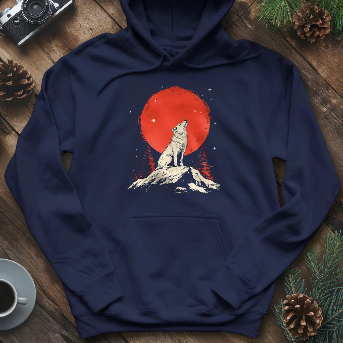Red Moon Wolf Hoodie – Navy – Outdoor apparel for travel, hiking, camping, and nature lovers – ExpediCamp