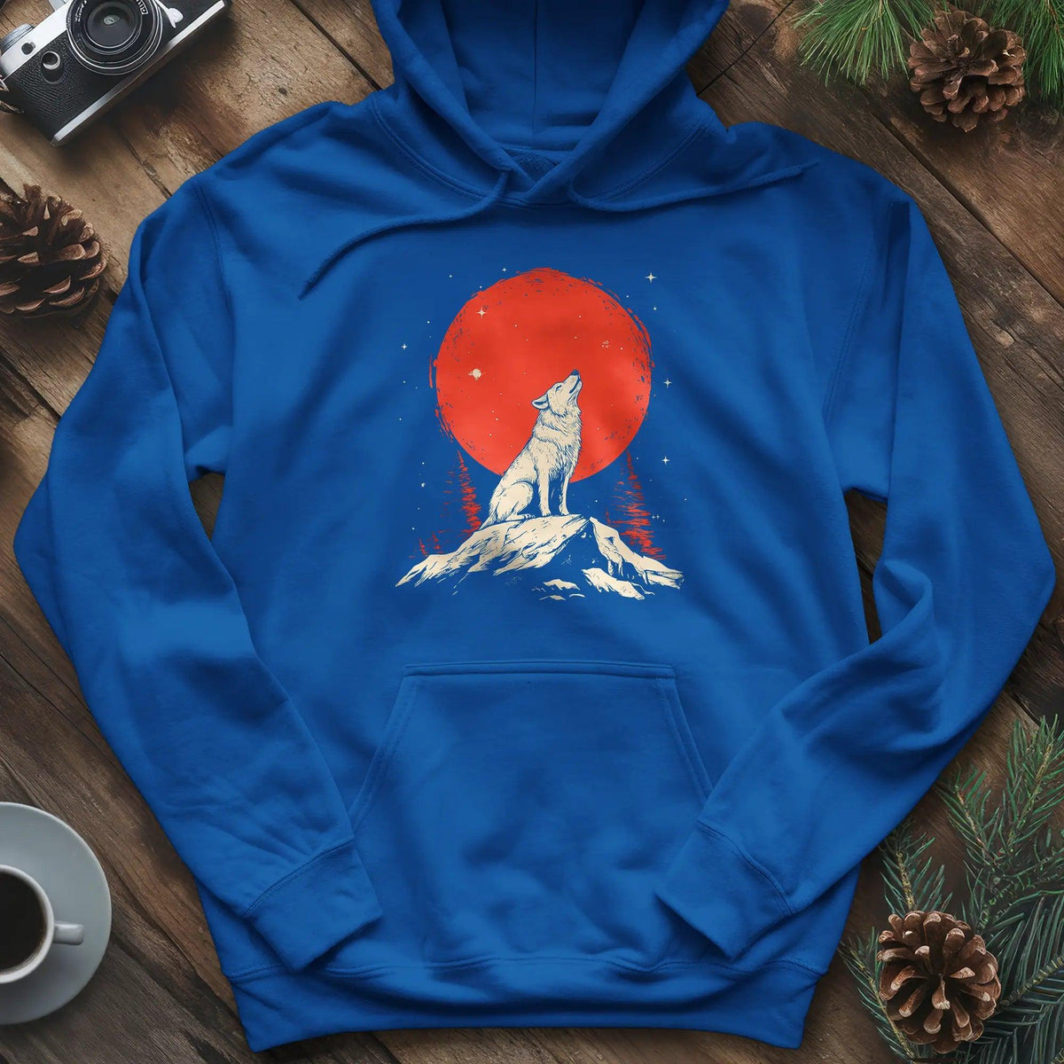 Red Moon Wolf Hoodie – Royal – Outdoor apparel for travel, hiking, camping, and nature lovers – ExpediCamp