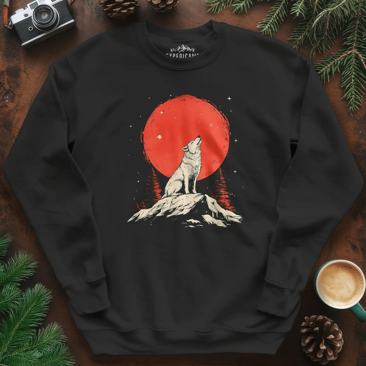 Red Moon Wolf Sweatshirt – Black – Outdoor apparel for travel, hiking, camping, and nature lovers – ExpediCamp
