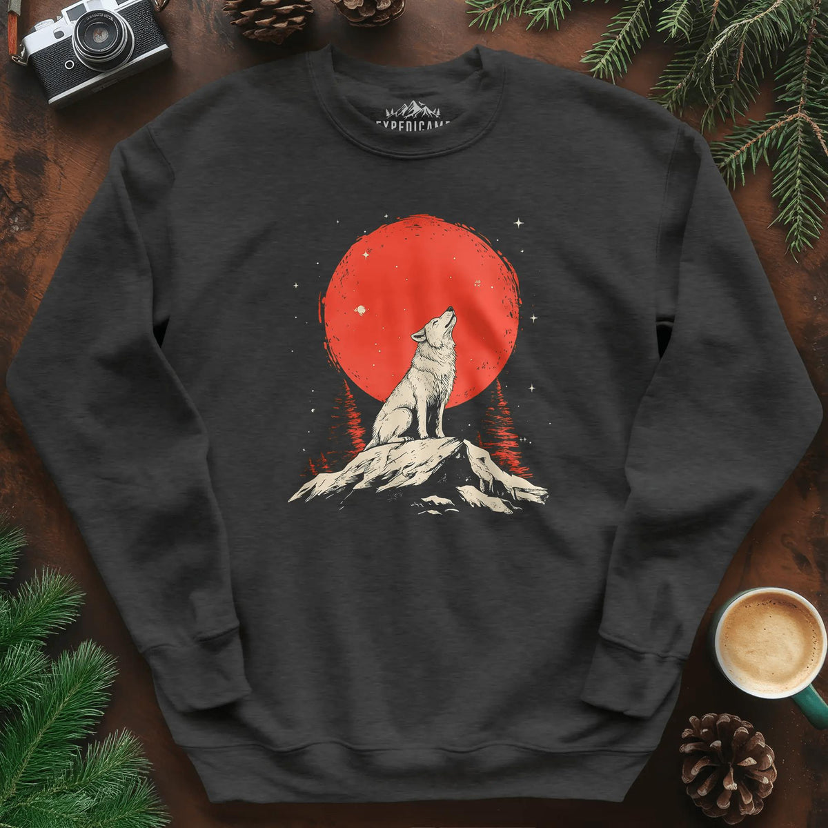 Red Moon Wolf Sweatshirt – Dark Heather – Outdoor apparel for travel, hiking, camping, and nature lovers – ExpediCamp