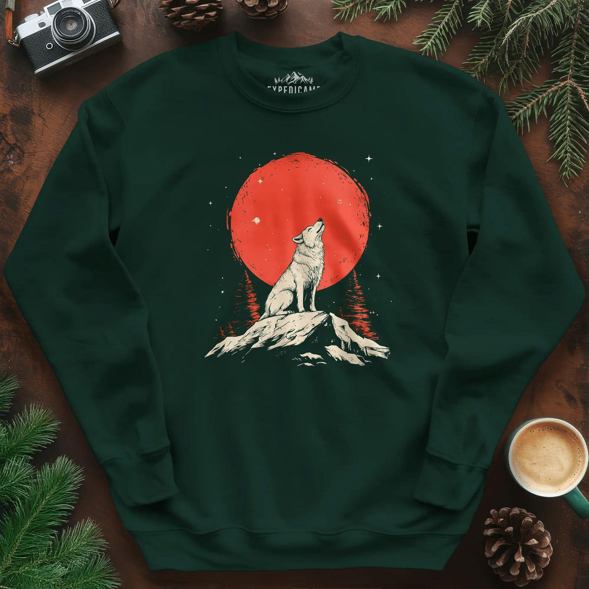 Red Moon Wolf Sweatshirt – Forest Green – Outdoor apparel for travel, hiking, camping, and nature lovers – ExpediCamp