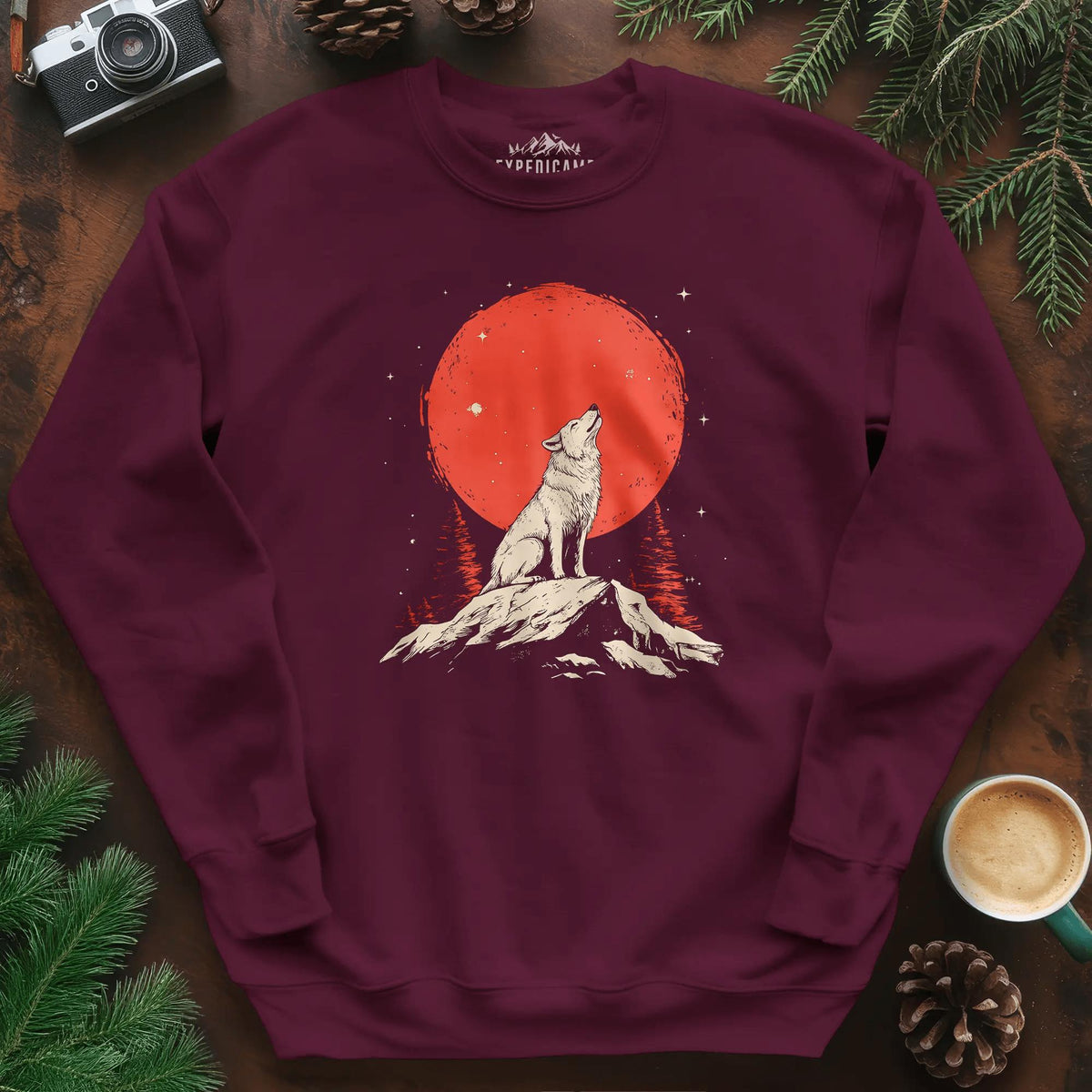 Red Moon Wolf Sweatshirt – Maroon – Outdoor apparel for travel, hiking, camping, and nature lovers – ExpediCamp