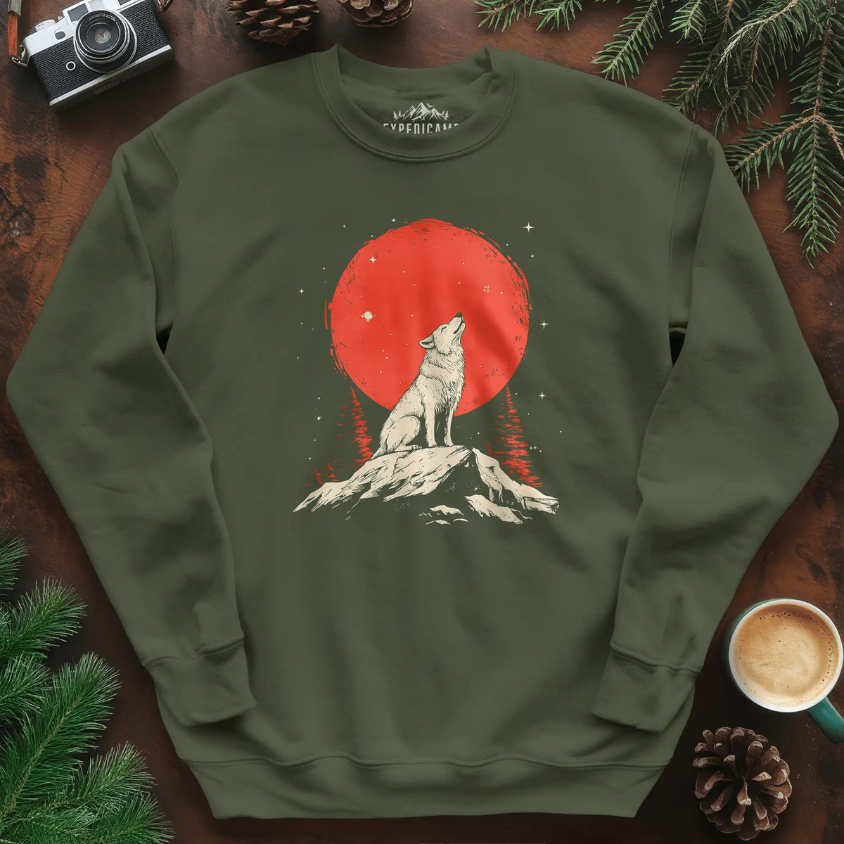 Red Moon Wolf Sweatshirt – Military Green – Outdoor apparel for travel, hiking, camping, and nature lovers – ExpediCamp