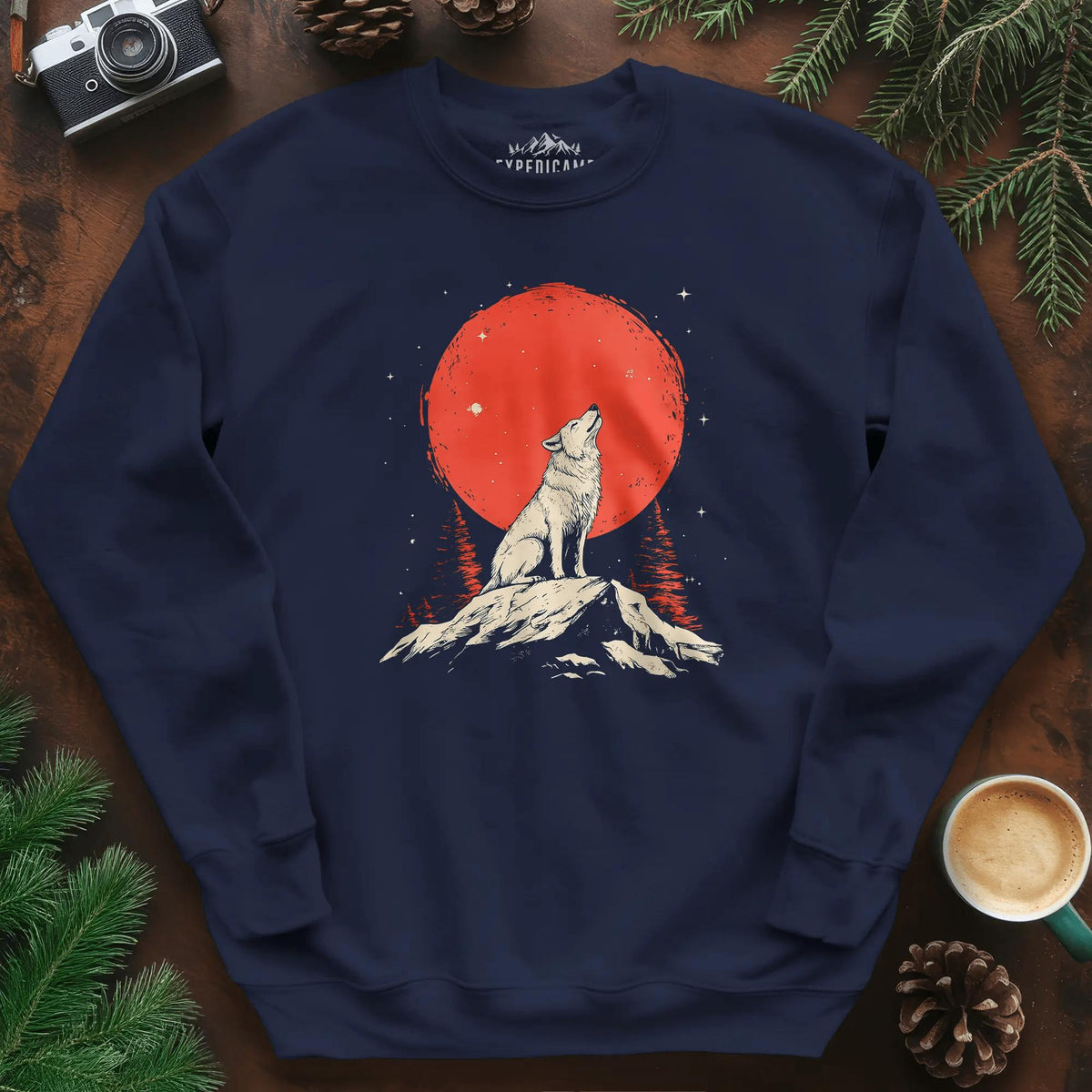 Red Moon Wolf Sweatshirt – Navy – Outdoor apparel for travel, hiking, camping, and nature lovers – ExpediCamp