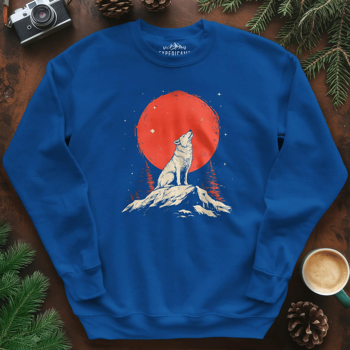 Red Moon Wolf Sweatshirt – Royal – Outdoor apparel for travel, hiking, camping, and nature lovers – ExpediCamp