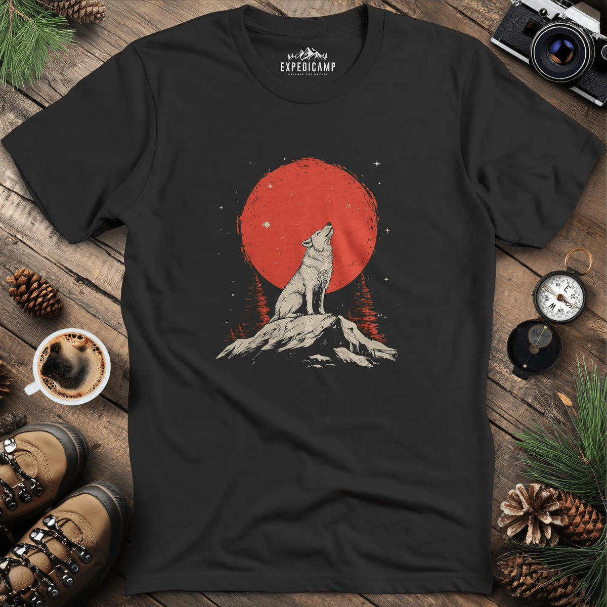 Red Moon Wolf T-Shirt – Black – Outdoor apparel for travel, hiking, camping, and nature lovers – ExpediCamp