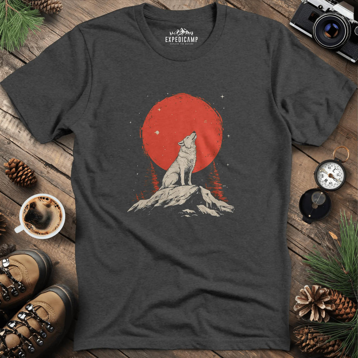 Red Moon Wolf T-Shirt – Dark Heather – Outdoor apparel for travel, hiking, camping, and nature lovers – ExpediCamp