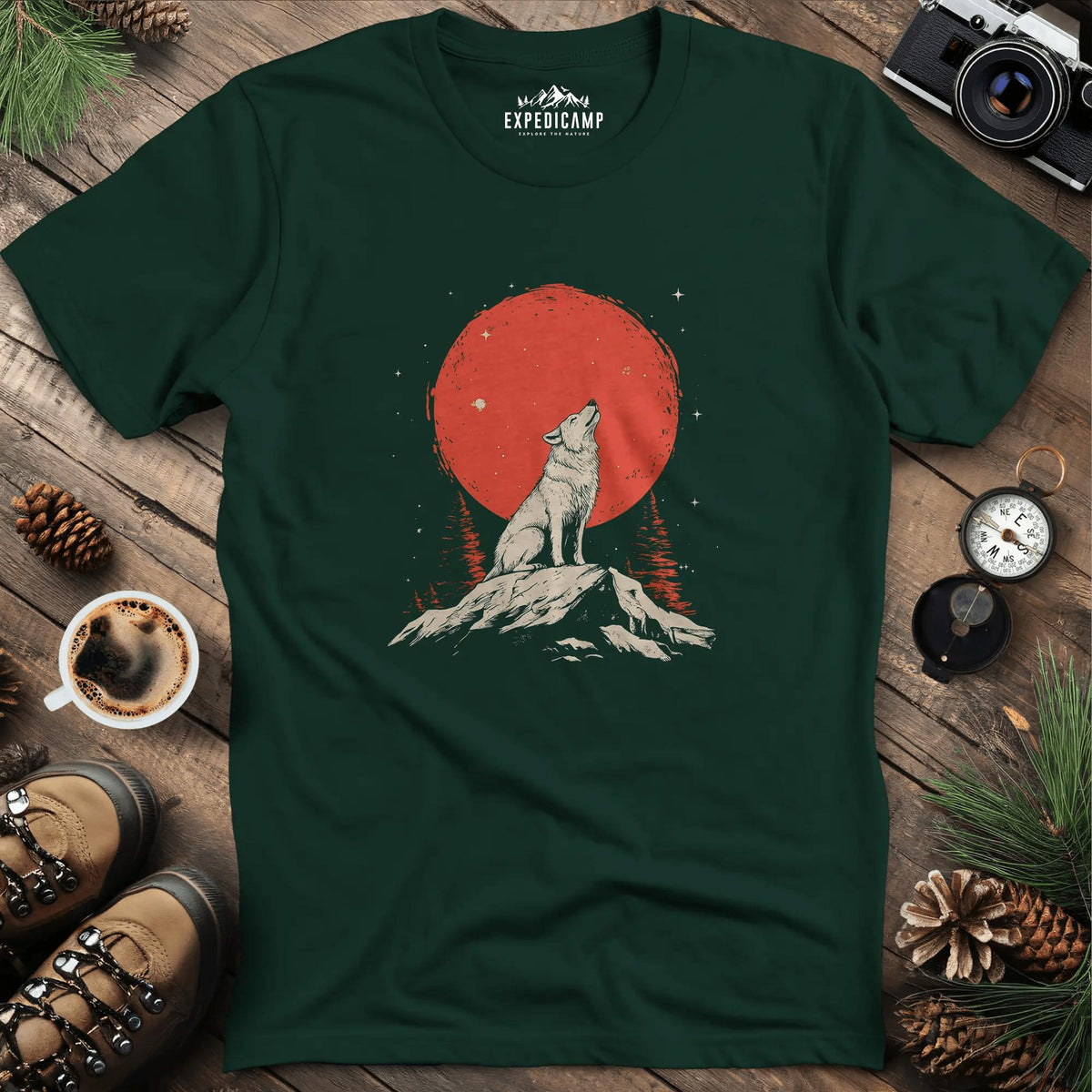 Red Moon Wolf T-Shirt – Forest Green – Outdoor apparel for travel, hiking, camping, and nature lovers – ExpediCamp