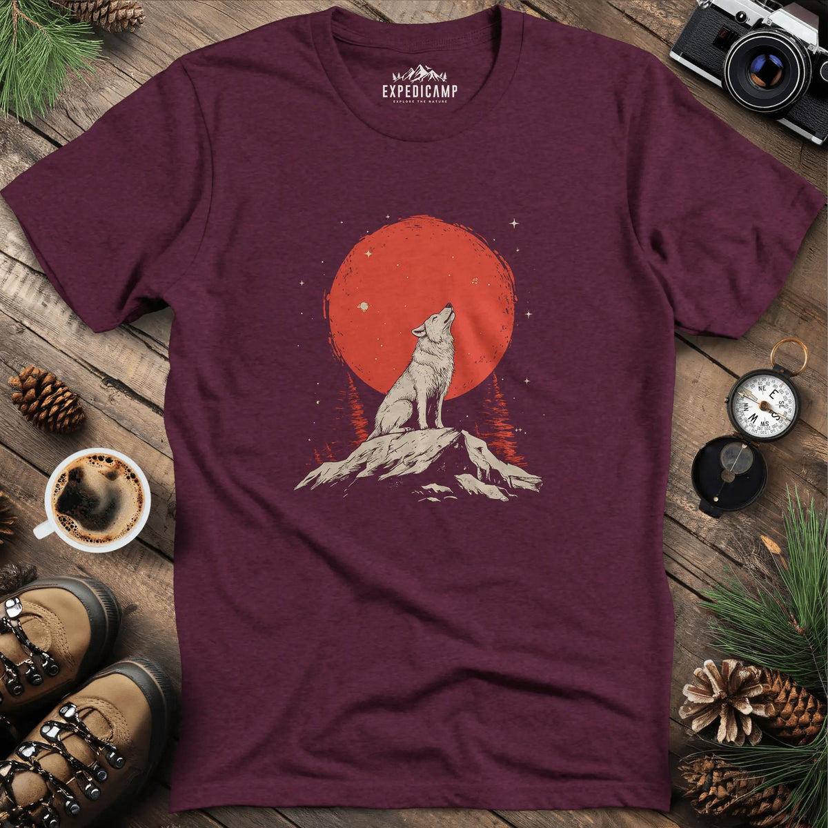 Red Moon Wolf T-Shirt – Heather Maroon – Outdoor apparel for travel, hiking, camping, and nature lovers – ExpediCamp