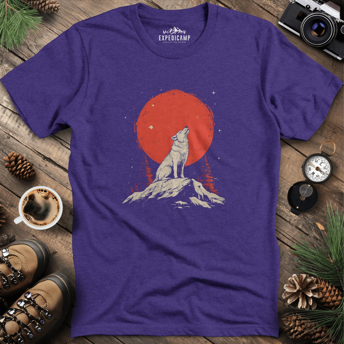 Red Moon Wolf T-Shirt – Heather Purple – Outdoor apparel for travel, hiking, camping, and nature lovers – ExpediCamp