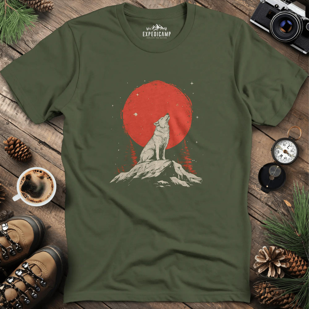 Red Moon Wolf T-Shirt – Military Green – Outdoor apparel for travel, hiking, camping, and nature lovers – ExpediCamp
