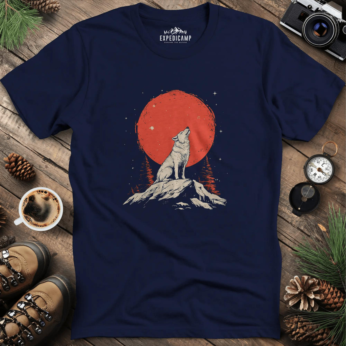 Red Moon Wolf T-Shirt – Navy – Outdoor apparel for travel, hiking, camping, and nature lovers – ExpediCamp