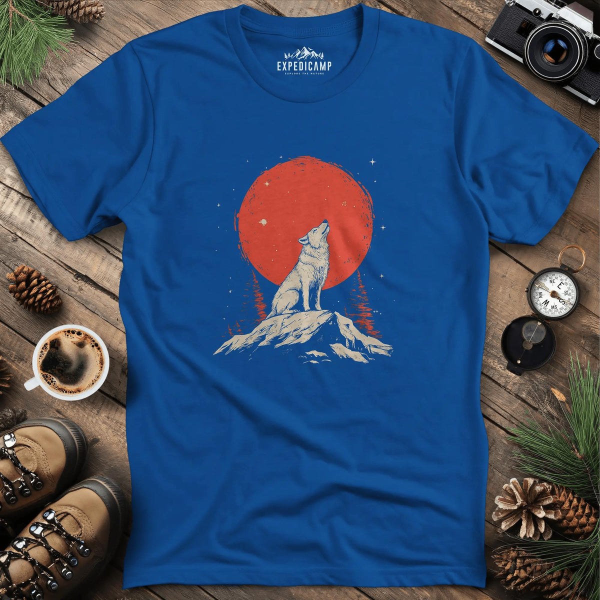 Red Moon Wolf T-Shirt – Royal – Outdoor apparel for travel, hiking, camping, and nature lovers – ExpediCamp