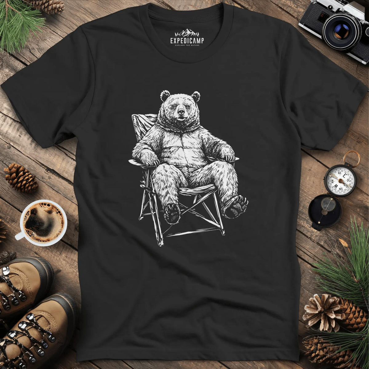 Relaxing Bear Camping T-Shirt – Black – Outdoor apparel for travel, hiking, camping, and nature lovers – ExpediCamp
