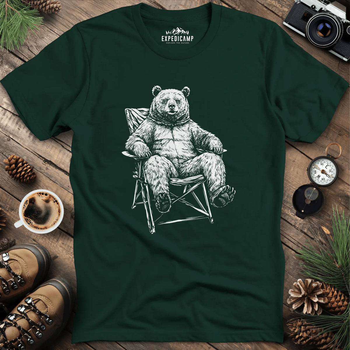 Relaxing Bear Camping T-Shirt – Forest Green – Outdoor apparel for travel, hiking, camping, and nature lovers – ExpediCamp