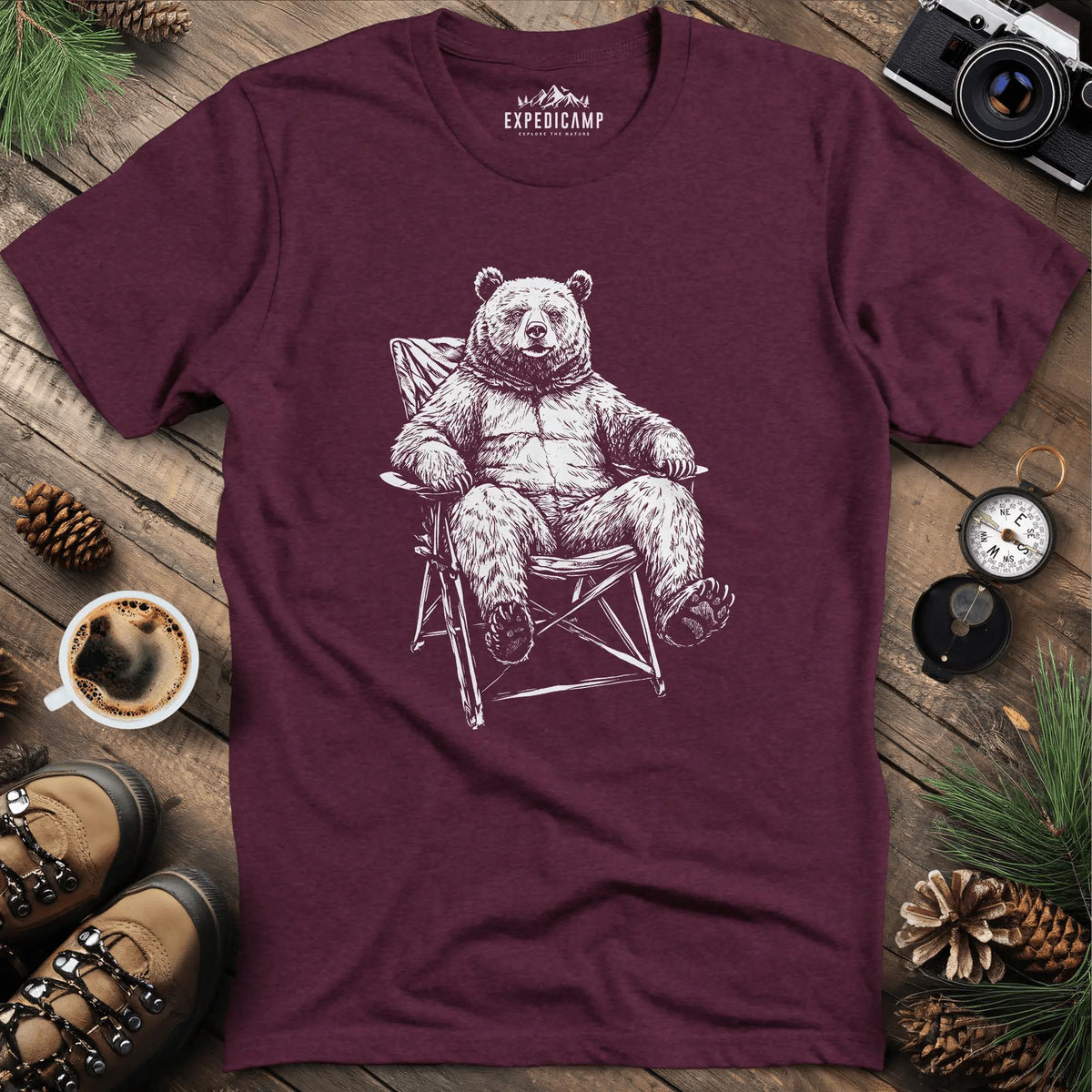 Relaxing Bear Camping T-Shirt – Heather Maroon – Outdoor apparel for travel, hiking, camping, and nature lovers – ExpediCamp