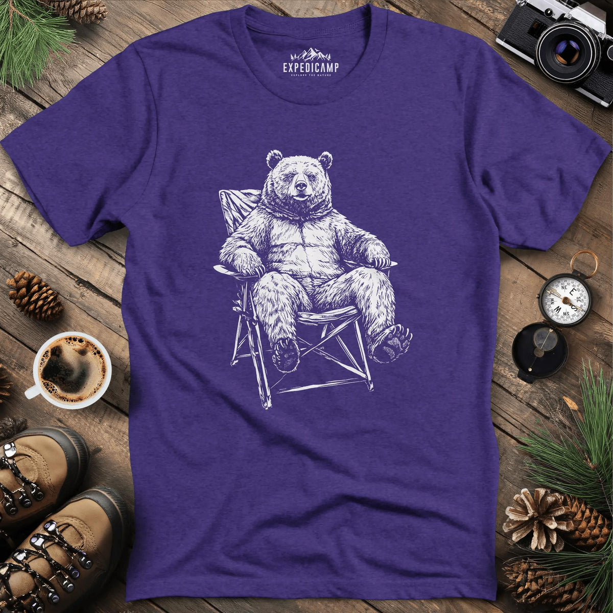 Relaxing Bear Camping T-Shirt – Heather Purple – Outdoor apparel for travel, hiking, camping, and nature lovers – ExpediCamp