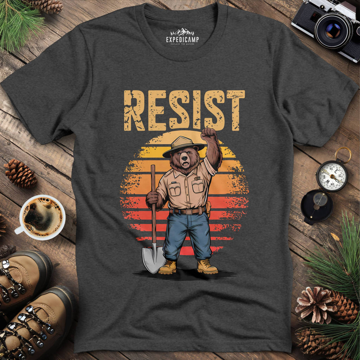 Resist Bear Ranger T-Shirt – Dark Heather – Outdoor apparel for travel, hiking, camping, and nature lovers – ExpediCamp