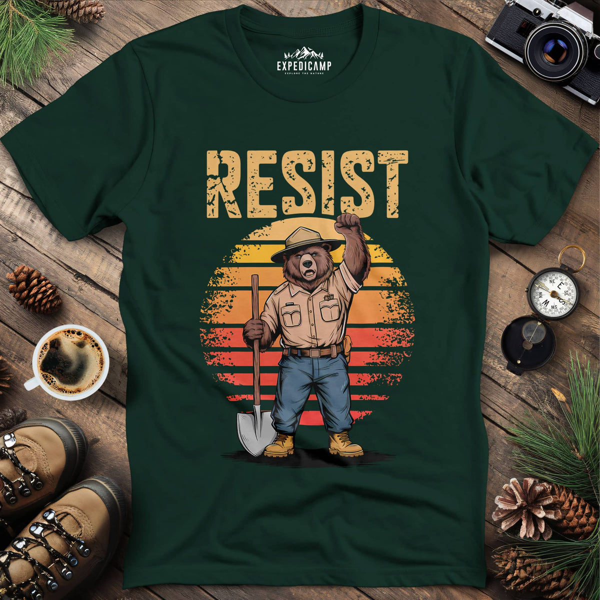 Resist Bear Ranger T-Shirt – Forest Green – Outdoor apparel for travel, hiking, camping, and nature lovers – ExpediCamp