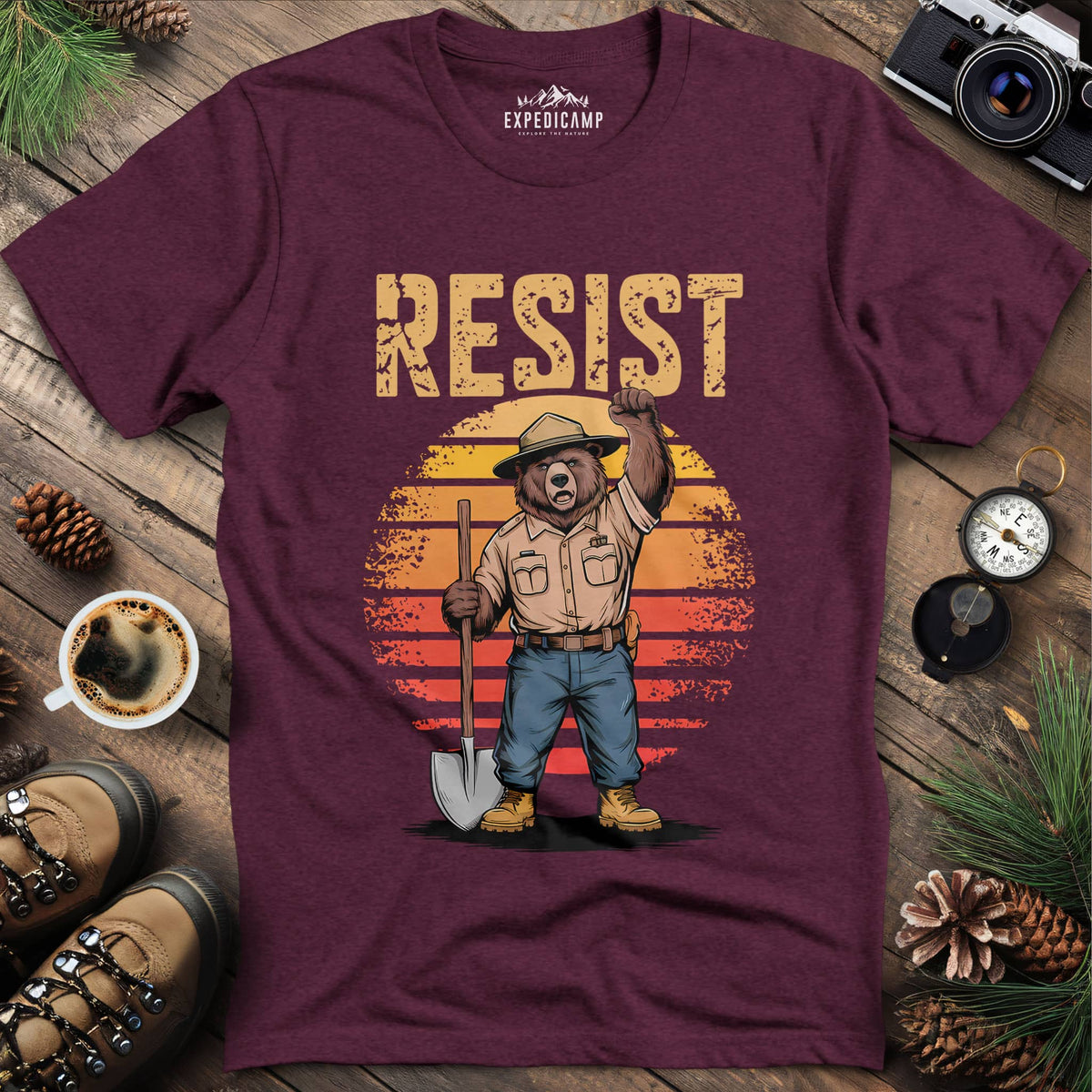 Resist Bear Ranger T-Shirt – Heather Maroon – Outdoor apparel for travel, hiking, camping, and nature lovers – ExpediCamp