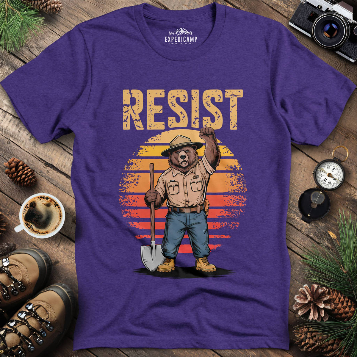 Resist Bear Ranger T-Shirt – Heather Purple – Outdoor apparel for travel, hiking, camping, and nature lovers – ExpediCamp