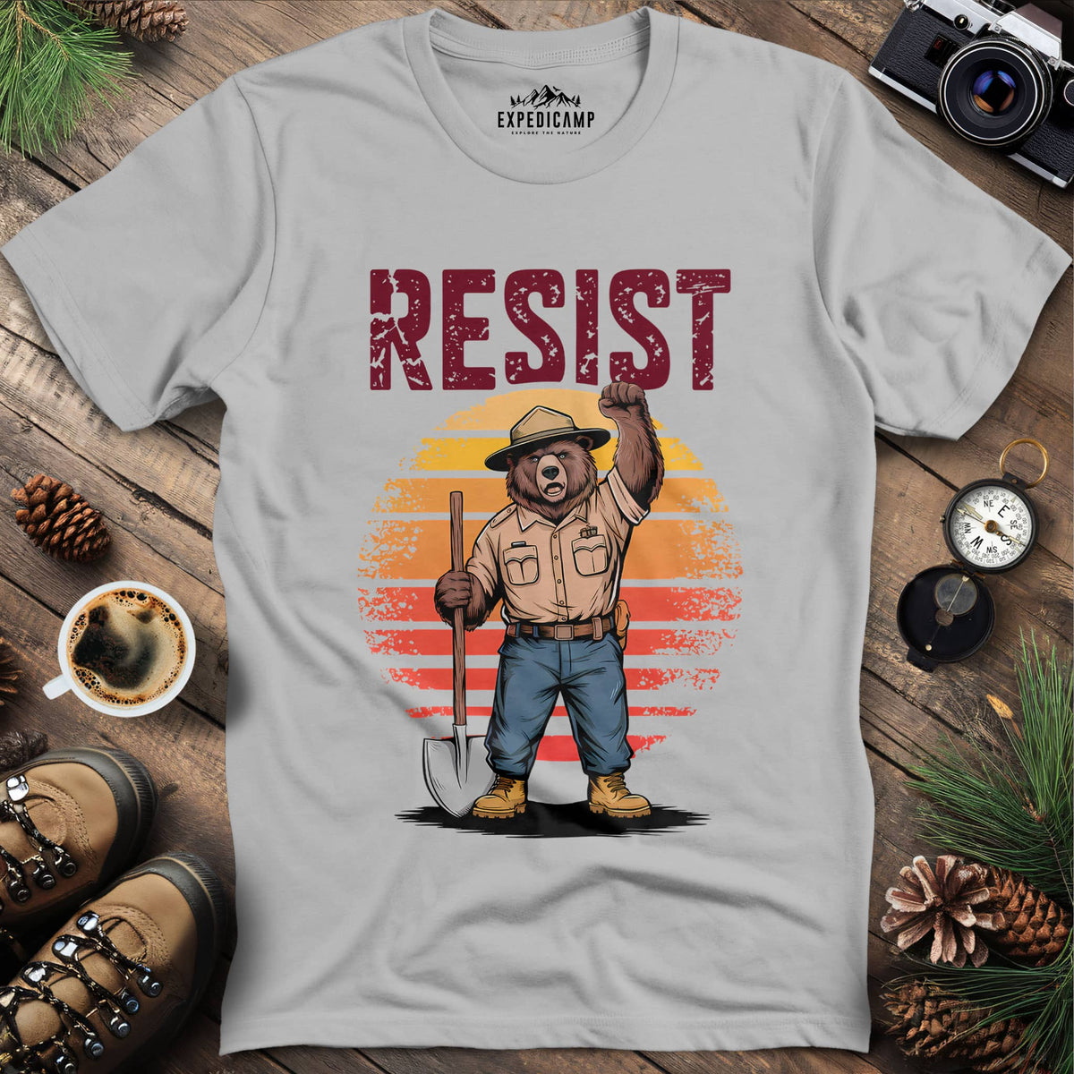 Resist Bear Ranger T-Shirt – Ice Grey – Outdoor apparel for travel, hiking, camping, and nature lovers – ExpediCamp