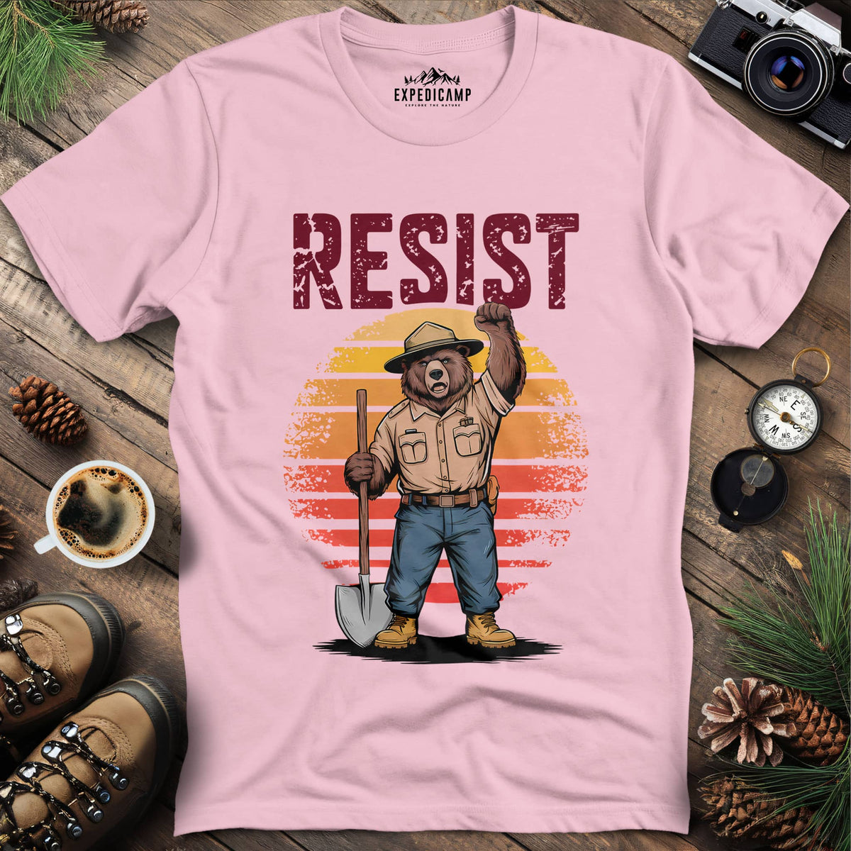 Resist Bear Ranger T-Shirt – Light Pink – Outdoor apparel for travel, hiking, camping, and nature lovers – ExpediCamp