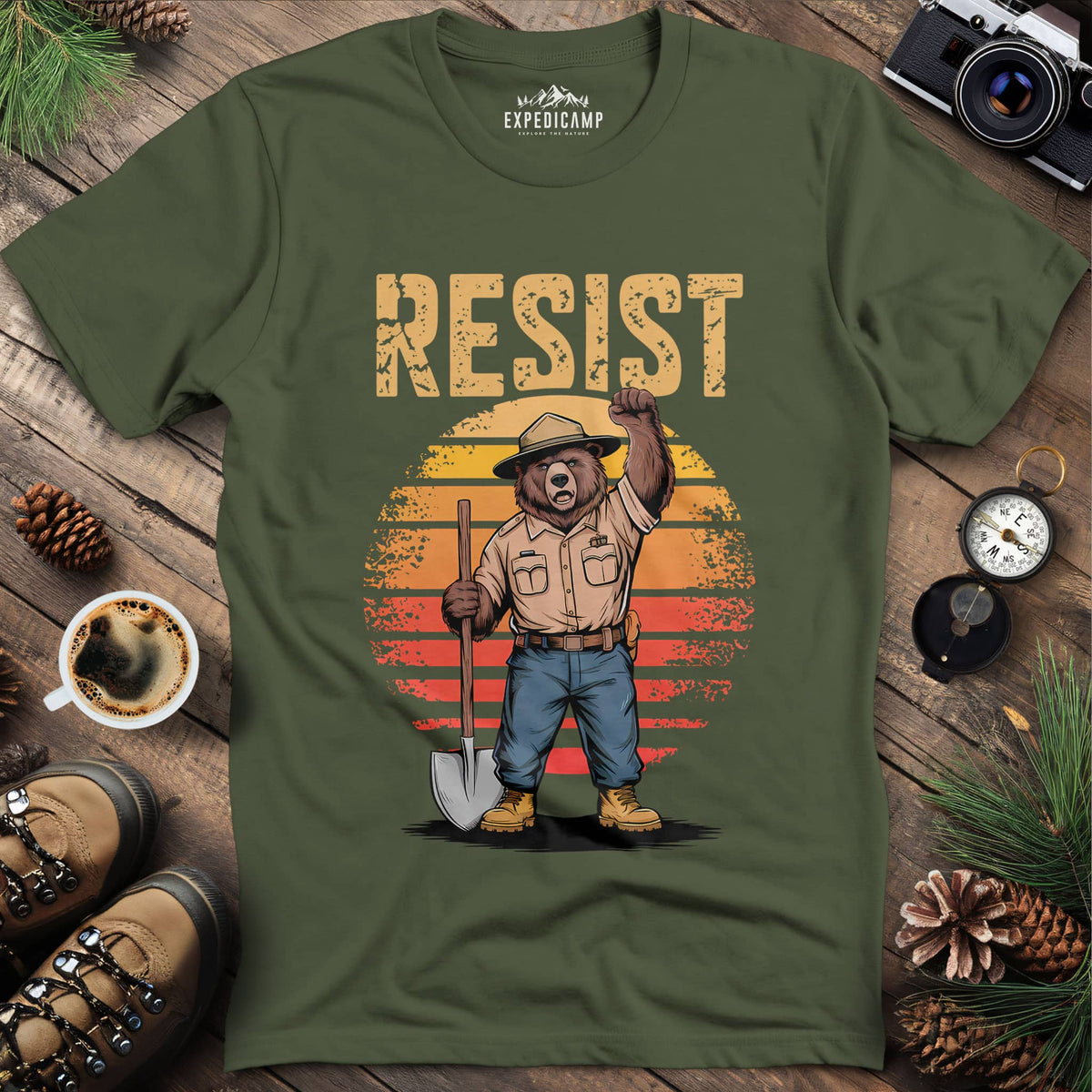 Resist Bear Ranger T-Shirt – Military Green – Outdoor apparel for travel, hiking, camping, and nature lovers – ExpediCamp