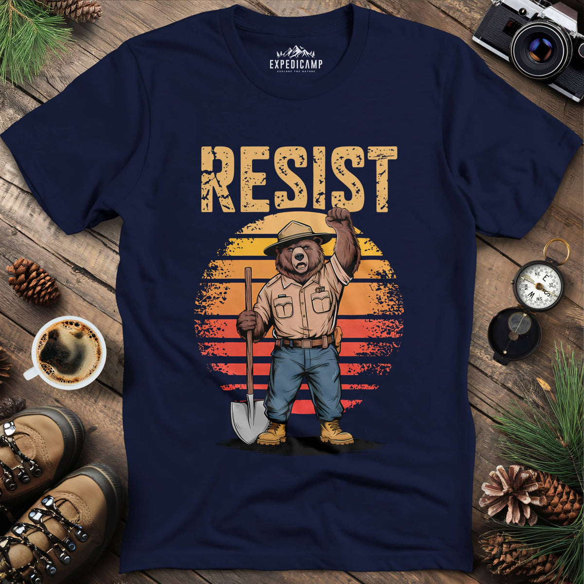 Resist Bear Ranger T-Shirt – Navy – Outdoor apparel for travel, hiking, camping, and nature lovers – ExpediCamp