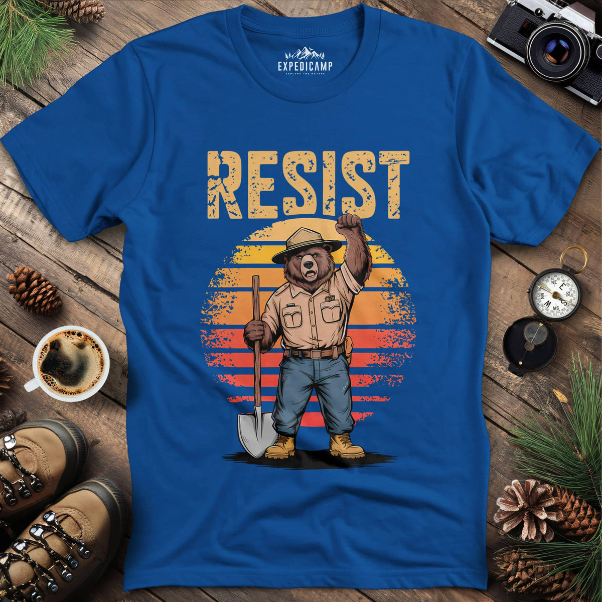 Resist Bear Ranger T-Shirt – Royal – Outdoor apparel for travel, hiking, camping, and nature lovers – ExpediCamp