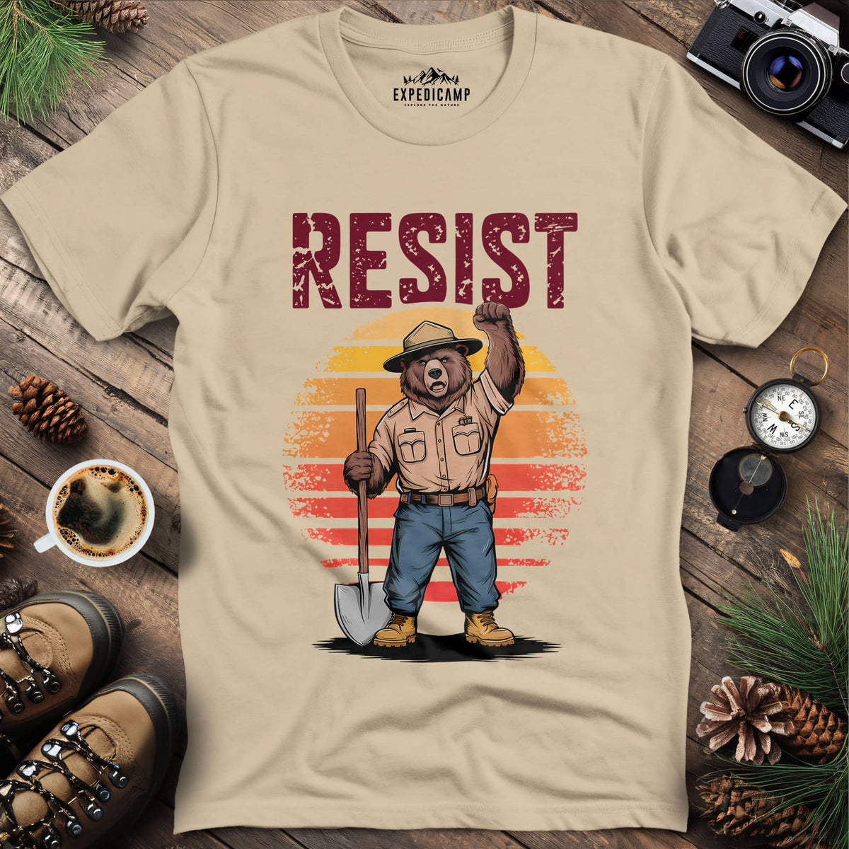 Resist Bear Ranger T-Shirt – Sand – Outdoor apparel for travel, hiking, camping, and nature lovers – ExpediCamp
