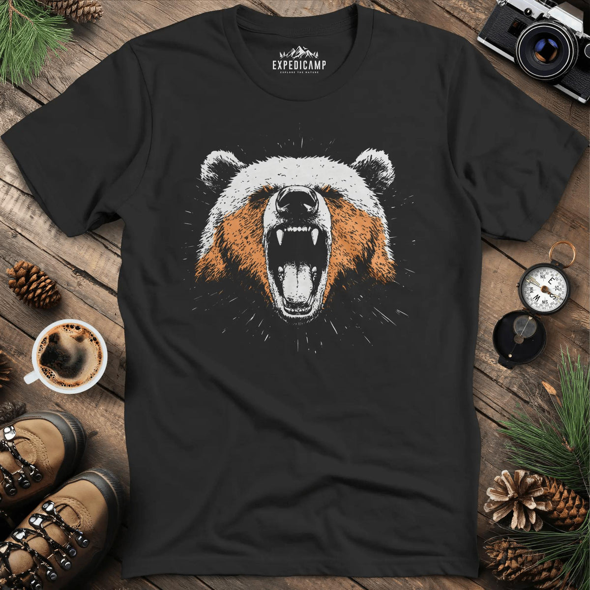 Roaring Bear T-Shirt – Fierce Wilderness Spirit – Black – Outdoor apparel for travel, hiking, camping, and nature lovers – ExpediCamp
